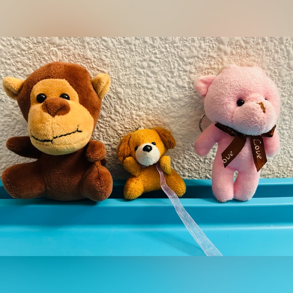 3 x Plush Toys Key Chains/Bag Charms: Pink Bear, Monkey and Puppy